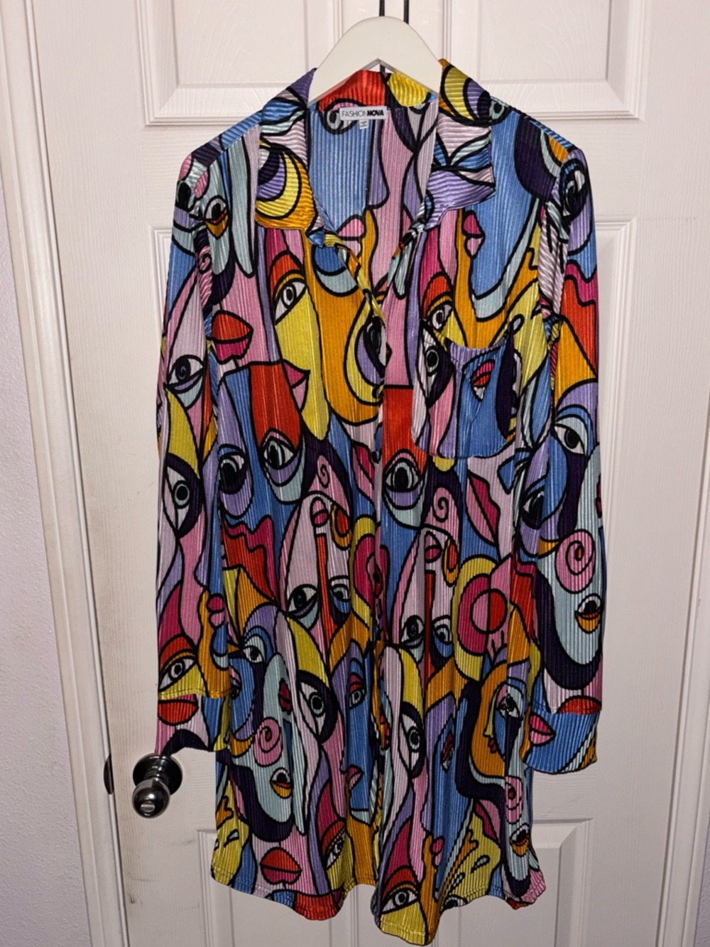 Fashion Nova Colorful Abstract Face Button Up Shirt-Dress